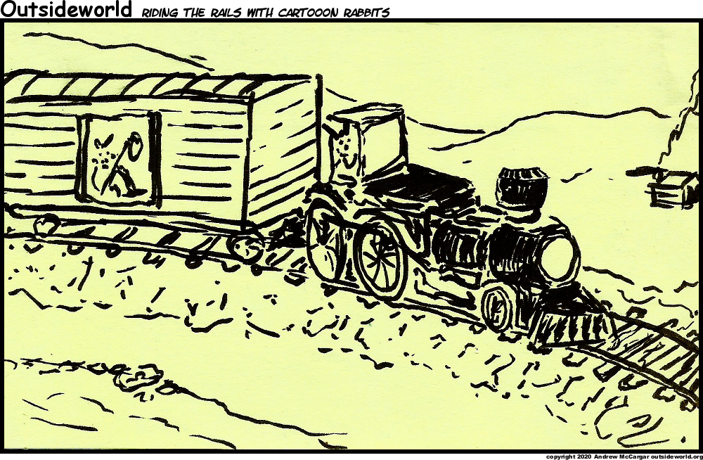 On a warm summer's eve on a train bound for nowhere I met up with the cartoon rabbit. We were both t